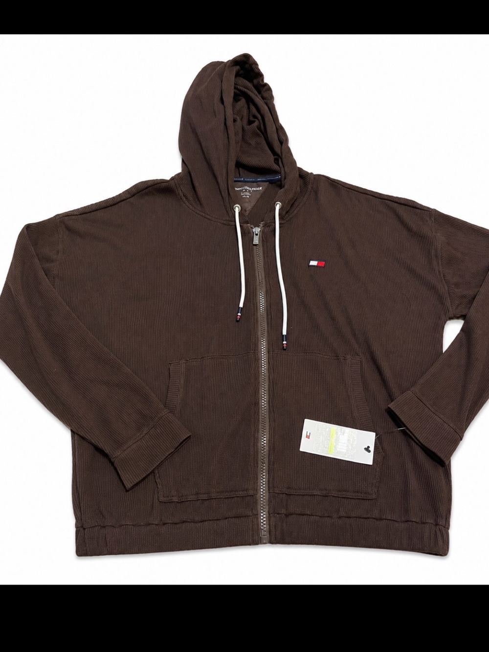 NWT Tommy Hilfiger Sport Waffle Knit Full Zip Hoodie Brown Men’s Medium Logo